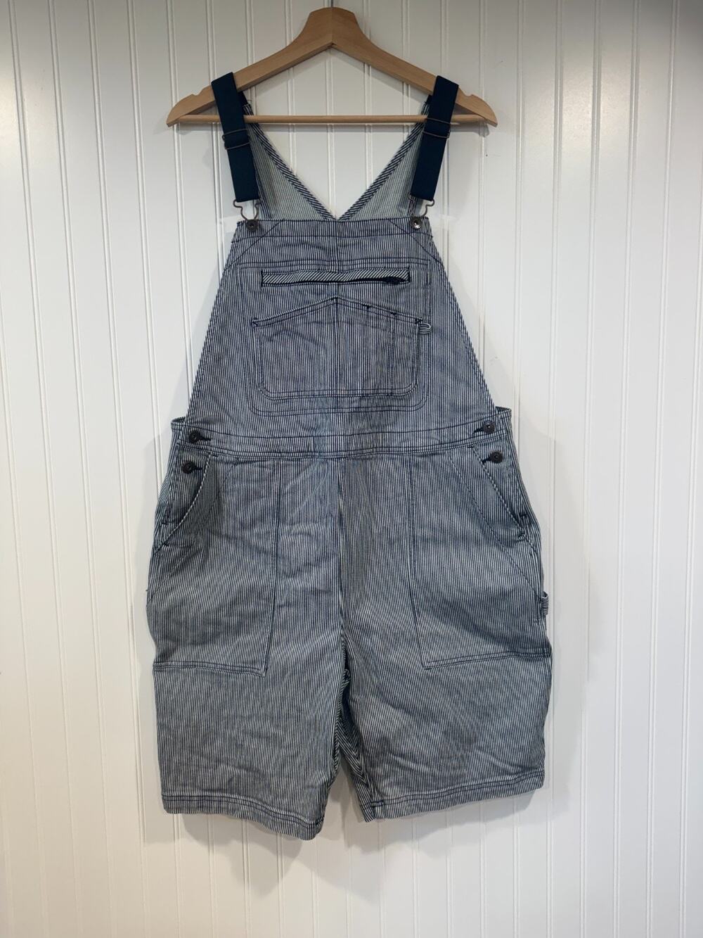 Duluth Trading Co Rootstock Gardening Short Overalls Women Large Blue Striped